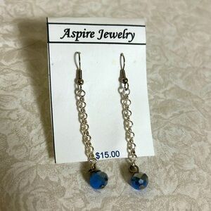 Ocean Blue Sea Drop Dangle Beaded Earrings Long Silver Chain Minimalist Jewelry